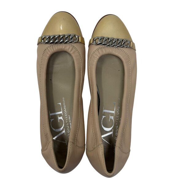 AGL Attilio Giusti Leombruni Tan Leather Ballet Flats Chain Womens Size 37.5 - Picture 1 of 7